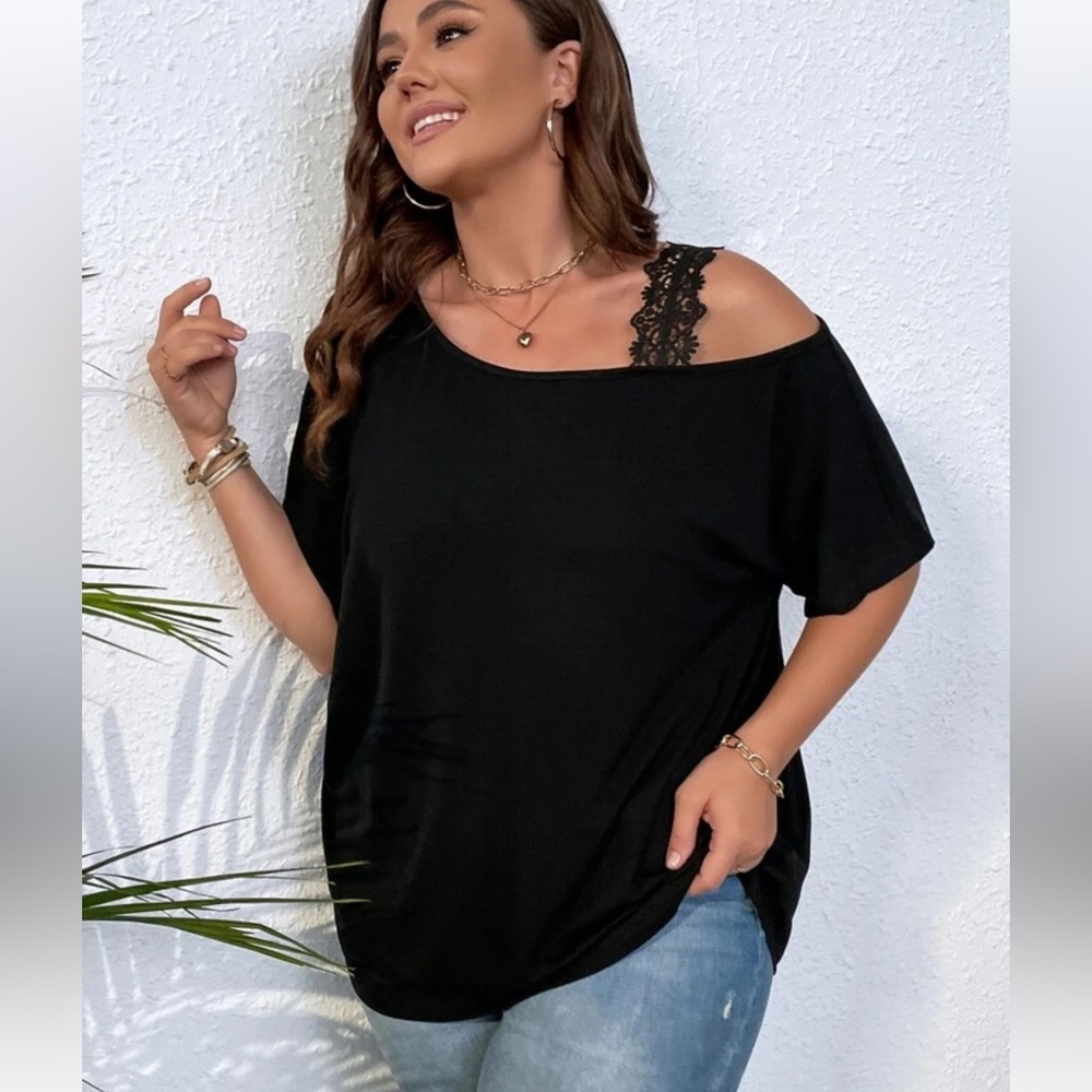 Black SHEIN Plus Lace Detail Asymmetrical Neck Dolman Sleeve Tee